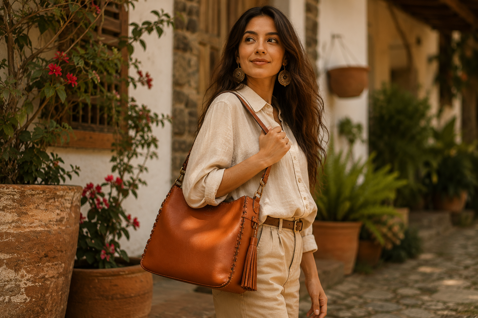 Mujer usando bolso QUIE en contexto artesanal colombiano